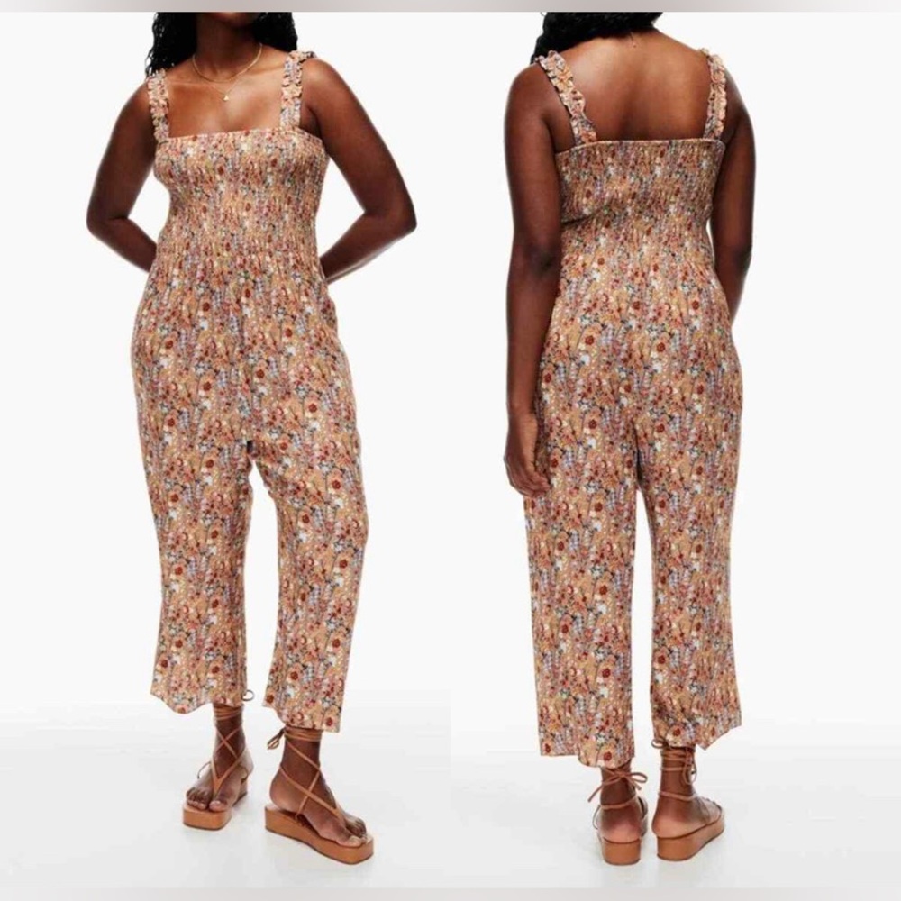 Aritzia Wilfred Chianti Floral Smocked Square Neck Jumpsuit Terracotta - 2XL